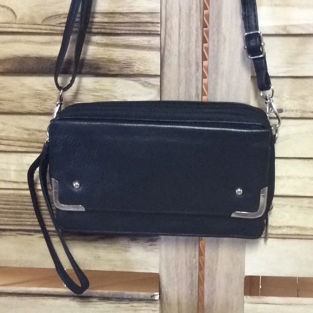 BLACK LEATHER Double Zip Ring Crossbody Wallet On A String NWOT - Picture 7 of 10